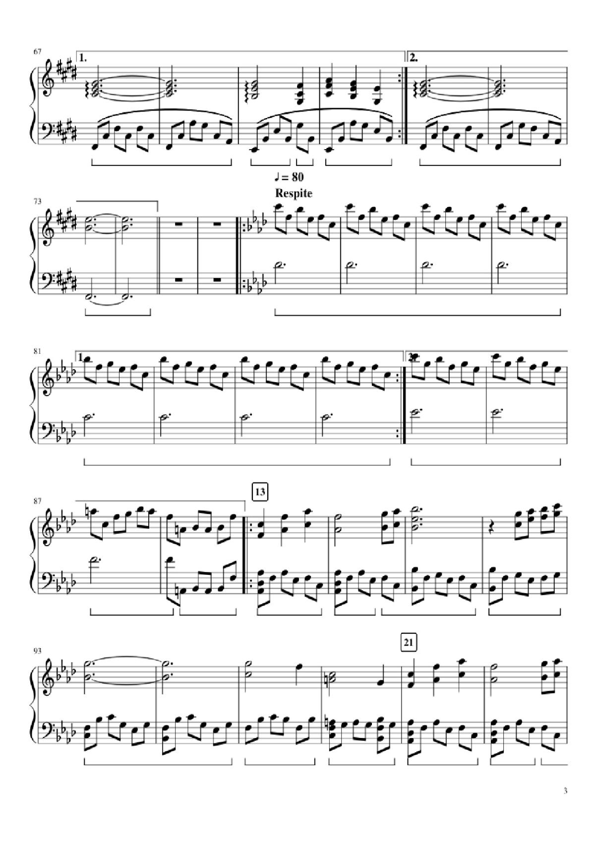 Page 3 of the piano sheet music PDF Piano – An Ending & Respite Piano by Composition by Toby Fox Arrangement by articulatedaffectivity