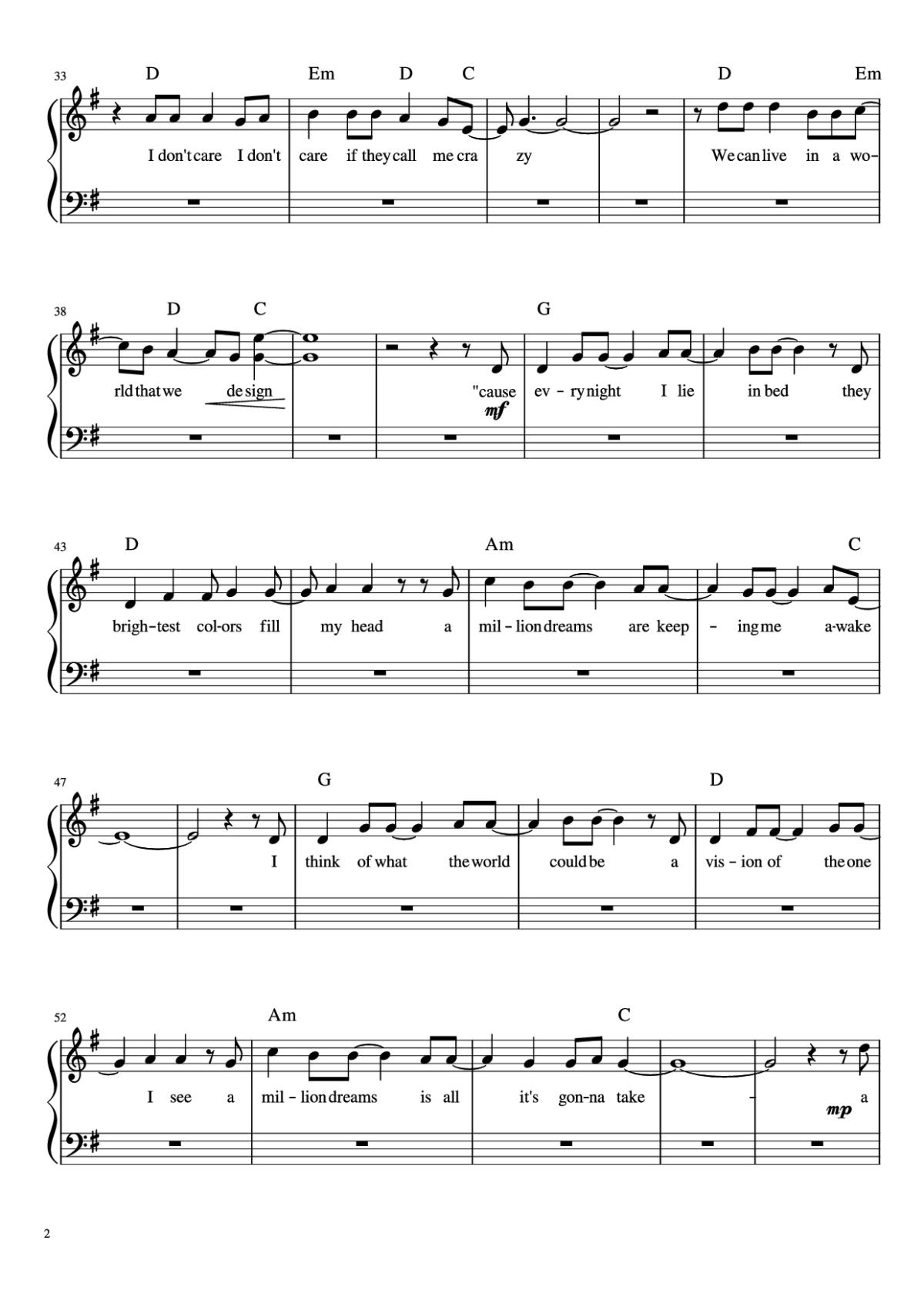 Page 2 of the piano sheet music PDF Piano – A Millon Dreams Piano by Aidan Meggitt