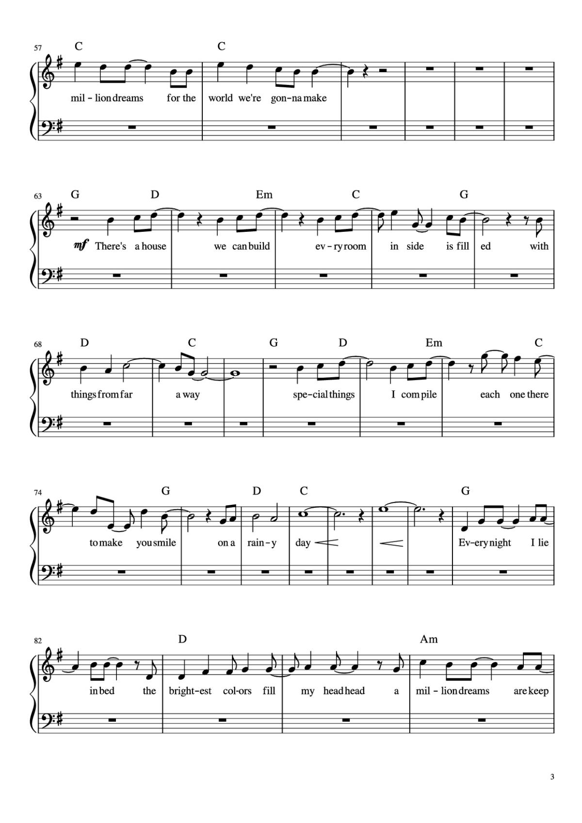 Page 3 of the piano sheet music PDF Piano – A Millon Dreams Piano by Aidan Meggitt