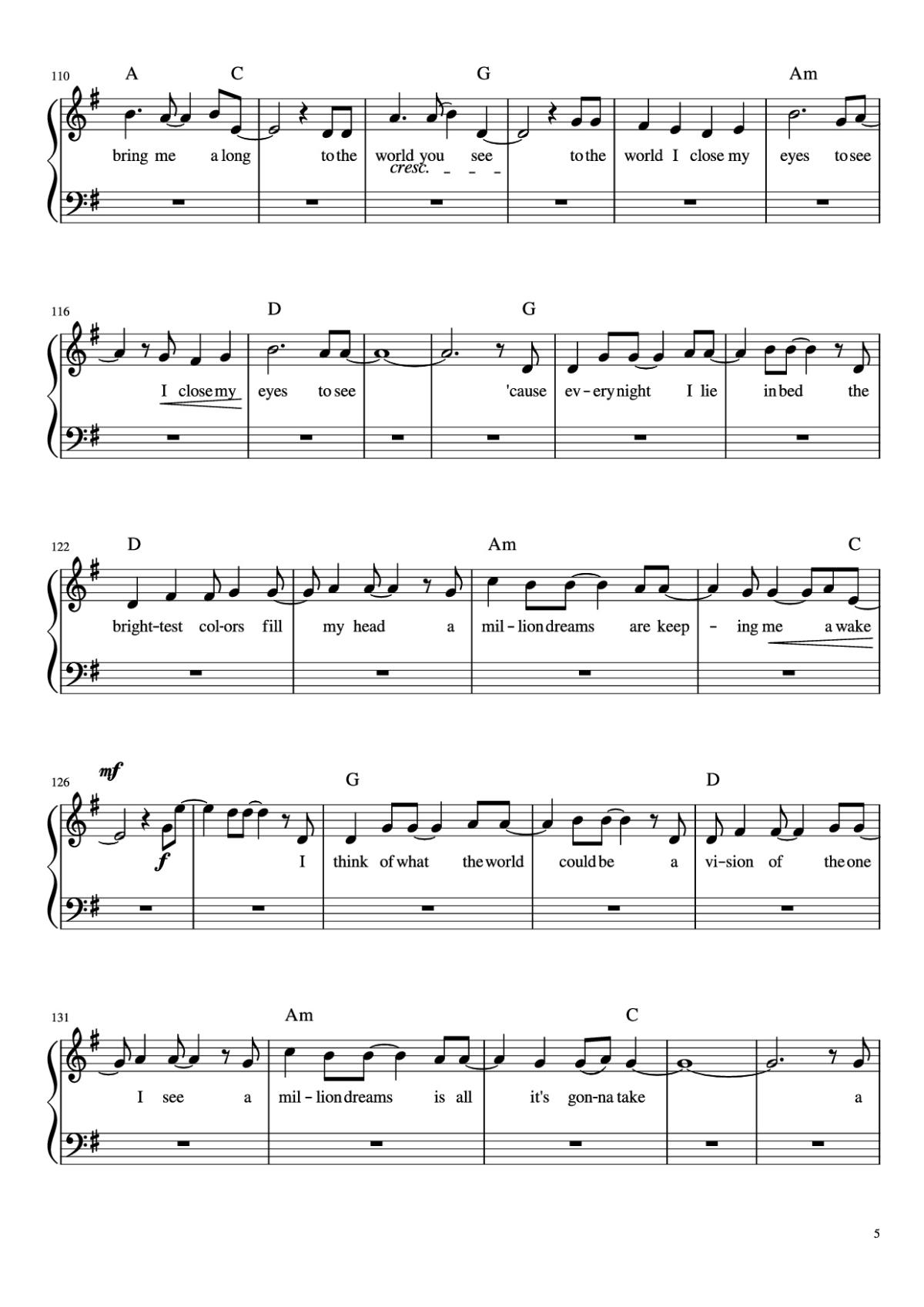 Page 5 of the piano sheet music PDF Piano – A Millon Dreams Piano by Aidan Meggitt