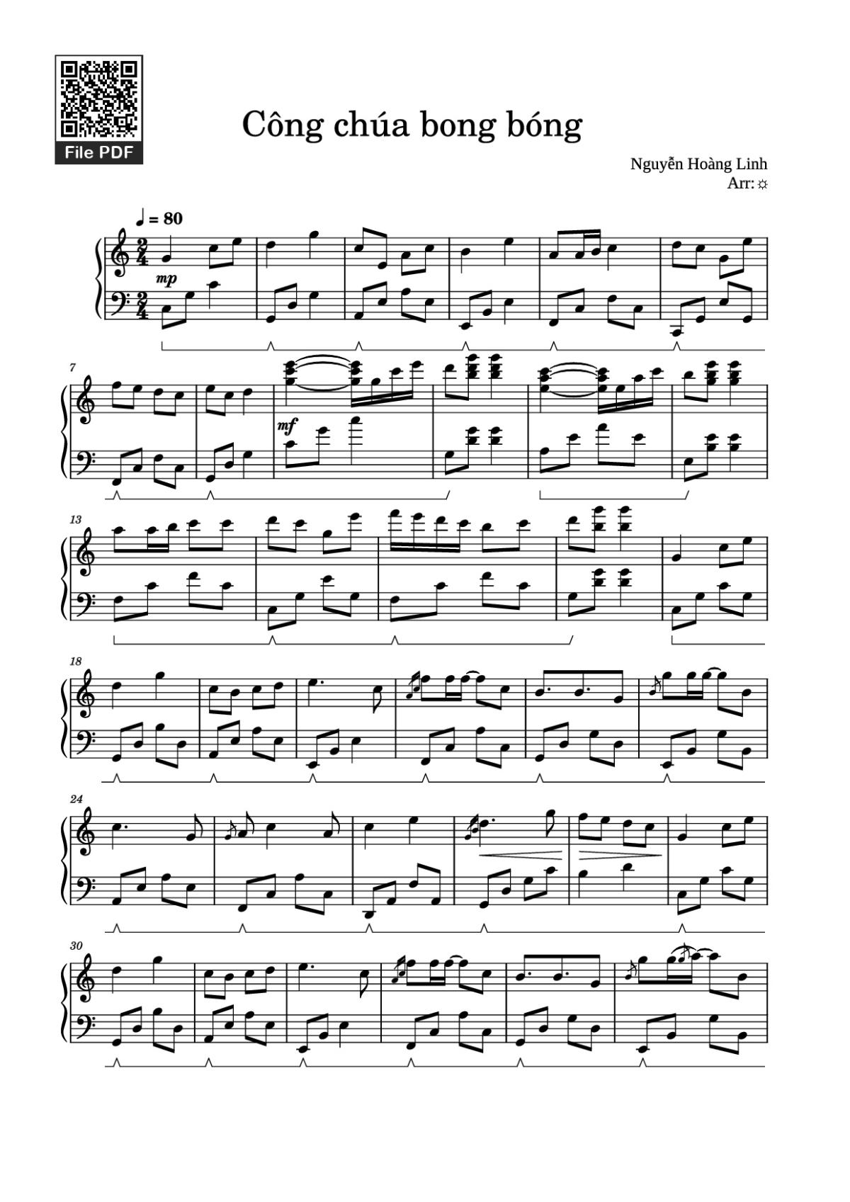 Page 1 of the piano sheet music PDF – Công chúa bong bóng Piano by Nguyễn Hoàng Linh