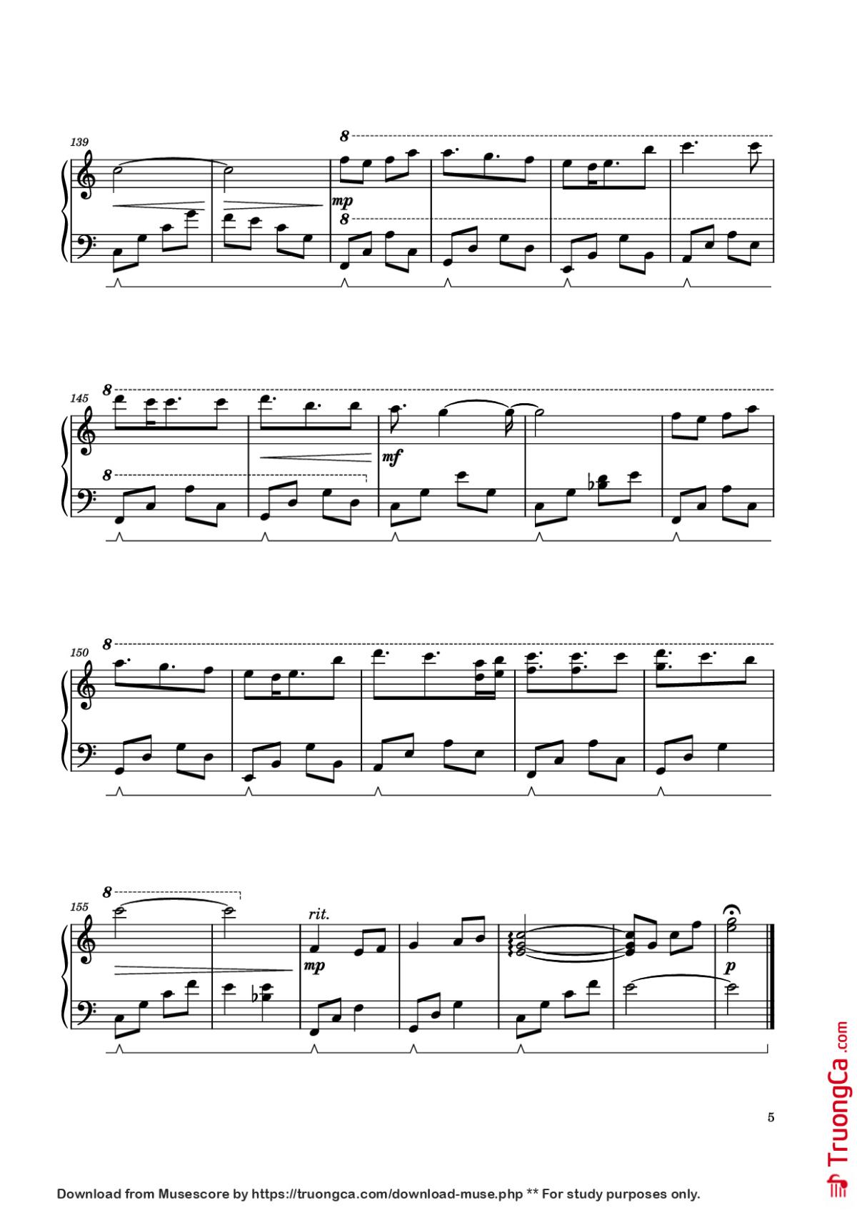 Page 5 of the piano sheet music PDF – Công chúa bong bóng Piano by Nguyễn Hoàng Linh