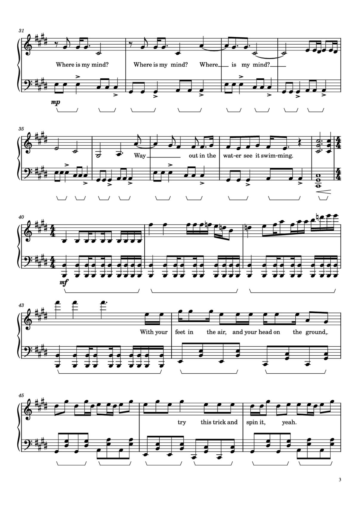 Page 3 of the piano sheet music PDF – Where Is My Mind? Piano by Pixies