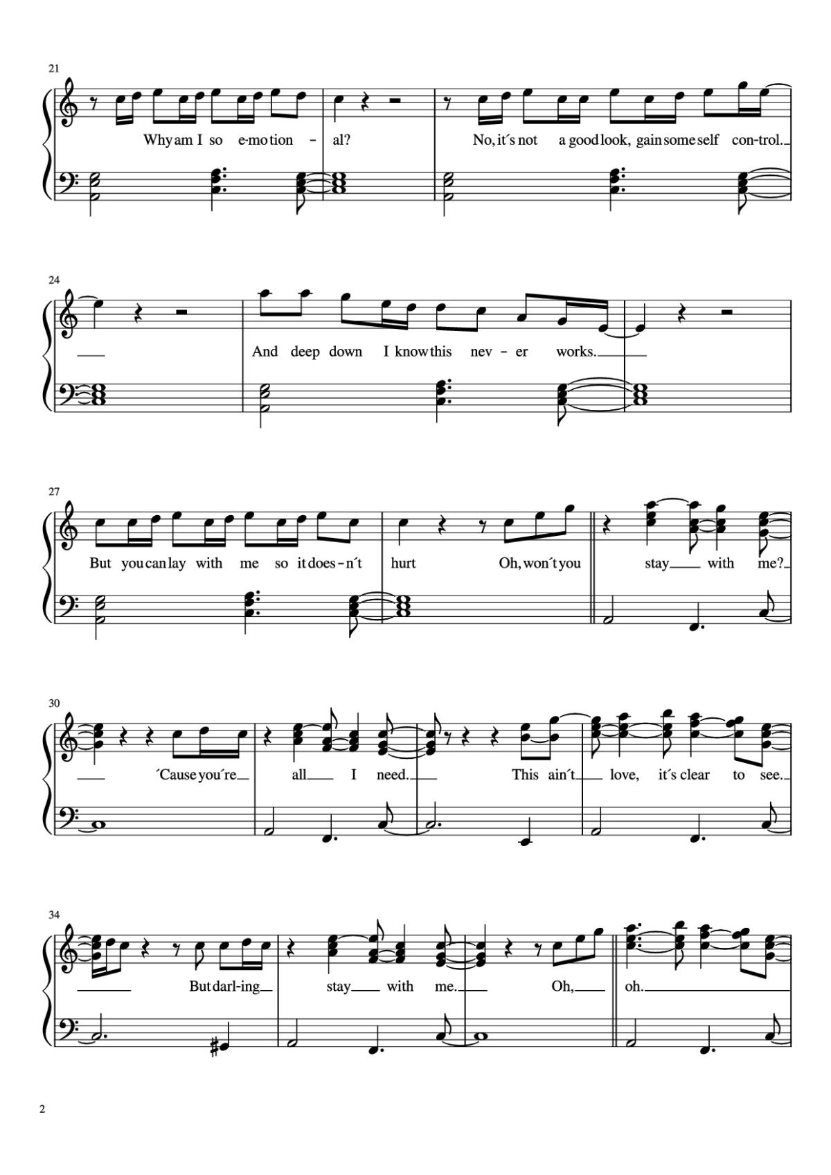 Page 2 of the piano sheet music PDF Piano – Stay with me Piano by Undefined