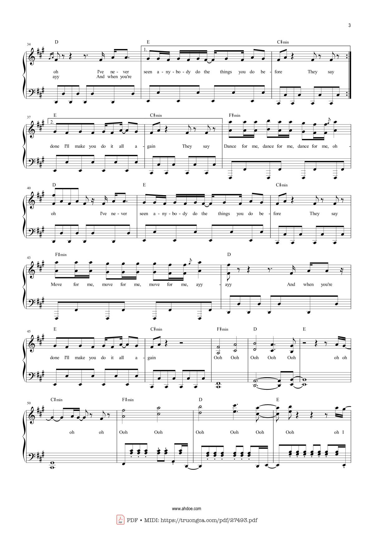 Page 3 of the piano sheet music PDF – Dance Monkey by Toni Watson