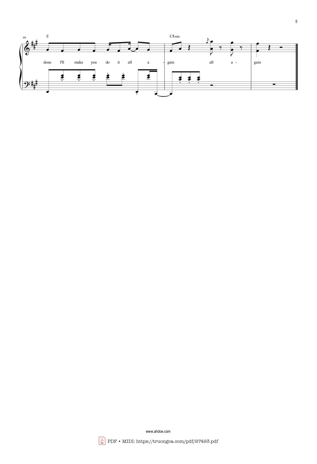 Page 5 of the piano sheet music PDF – Dance Monkey by Toni Watson