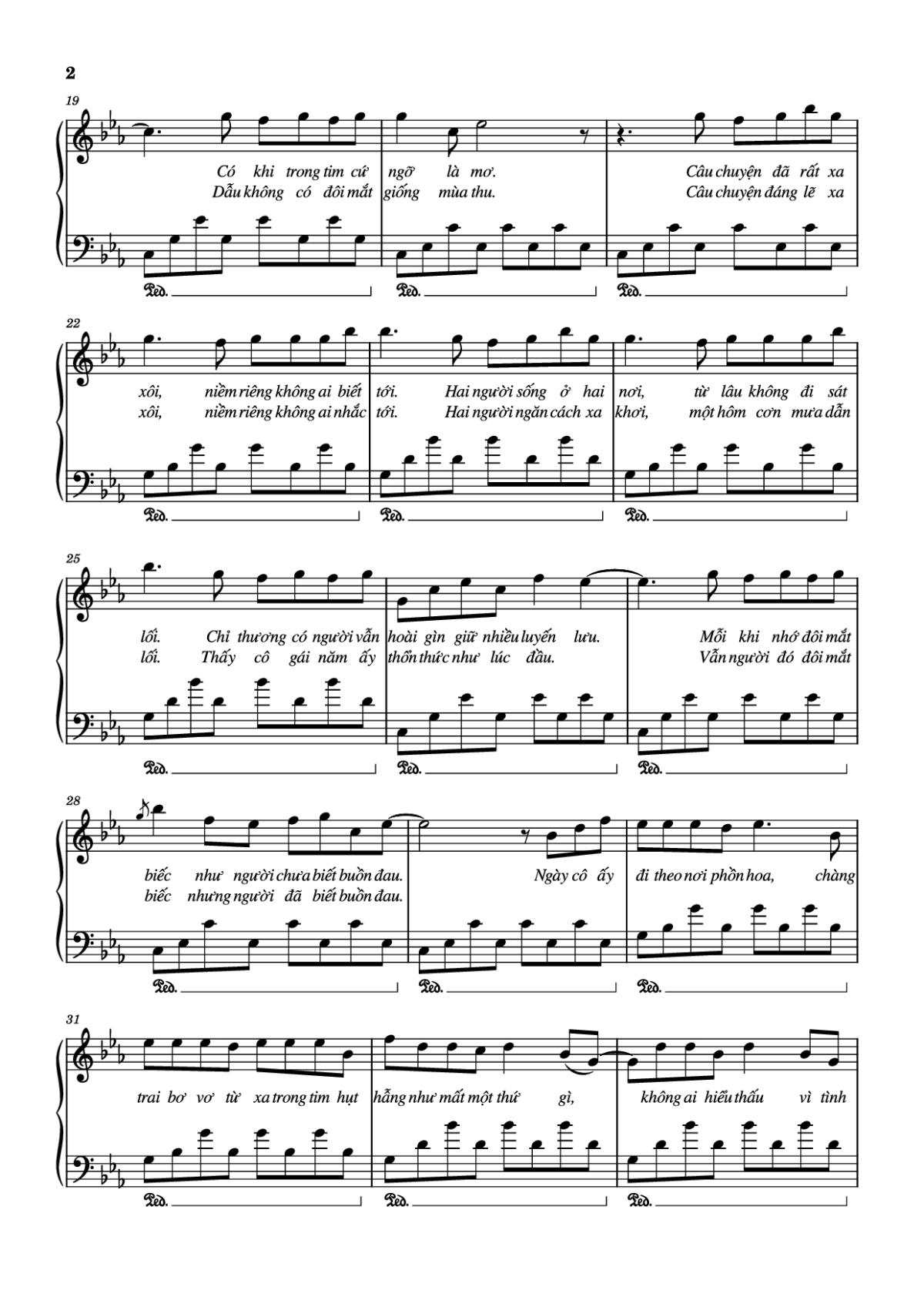 Page 2 of the piano sheet music PDF Piano – Có chàng trai viết lên cây Piano by Phan Mạnh Quỳnh