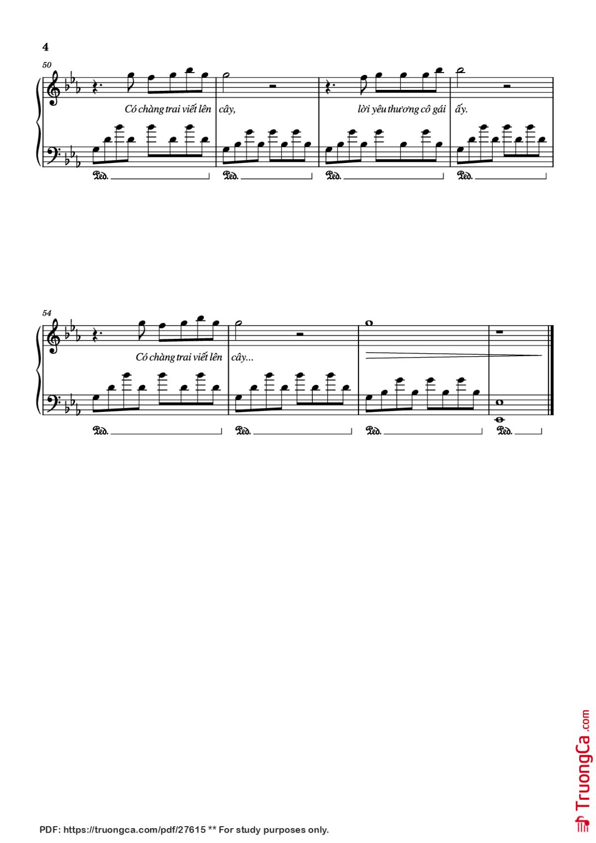 Page 4 of the piano sheet music PDF Piano – Có chàng trai viết lên cây Piano by Phan Mạnh Quỳnh