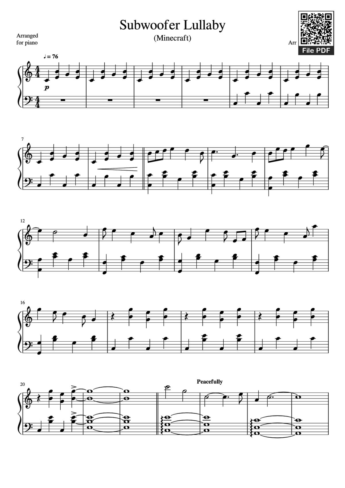 Page 1 of the piano sheet music PDF Piano – Subwoofer Lullaby Piano by C418