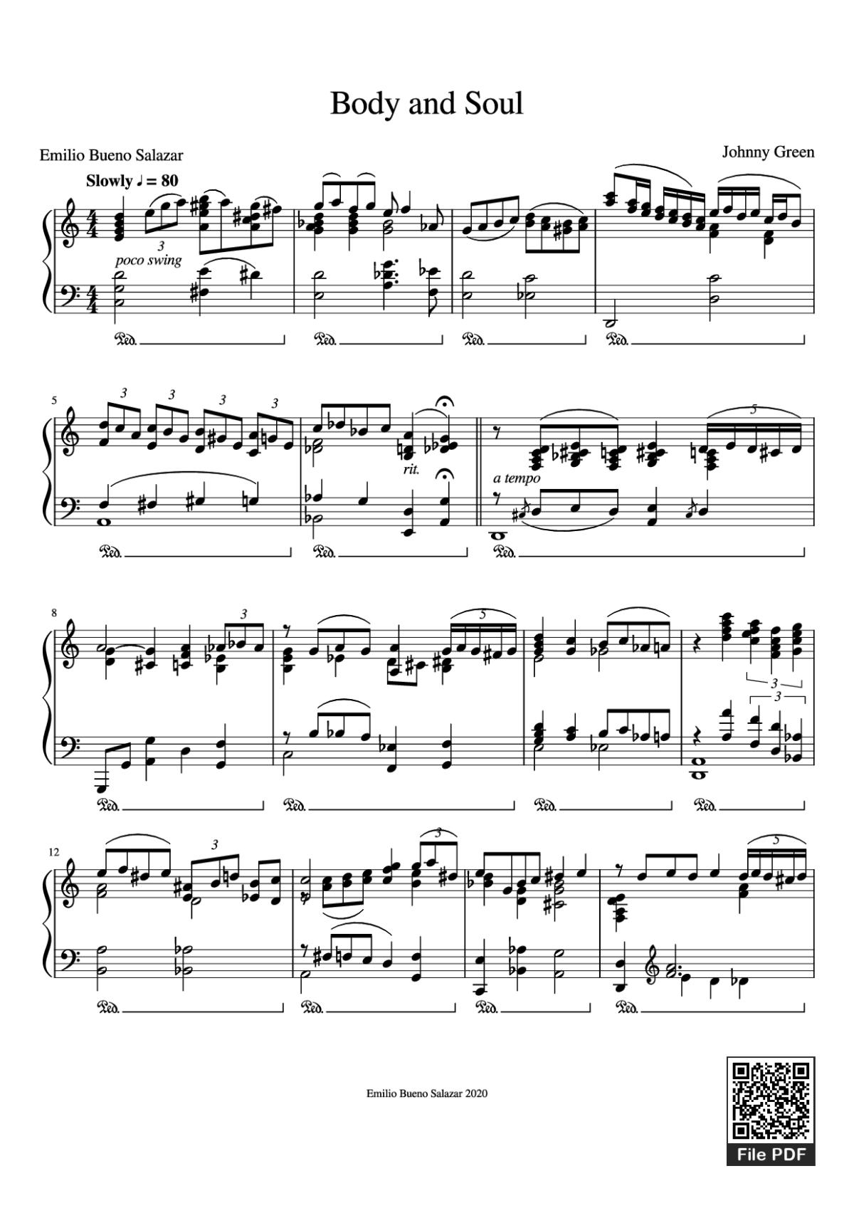 Page 1 of the piano sheet music PDF Piano – Body and Soul Piano by Johnny Green