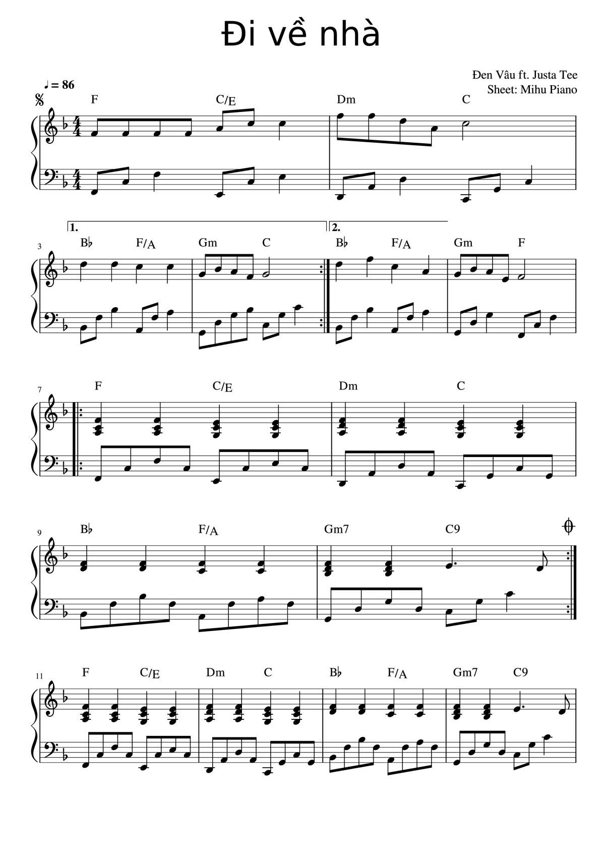 Page 1 of the piano sheet music PDF Piano – Đi về nhà Piano by Đen Vâu