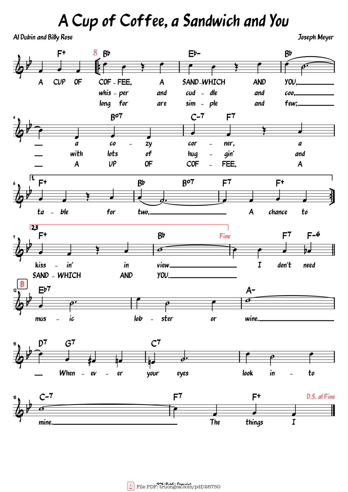 Page 1 of the piano sheet music PDF – A Cup of Coffee, a Sandwich and You by Joseph Meyer