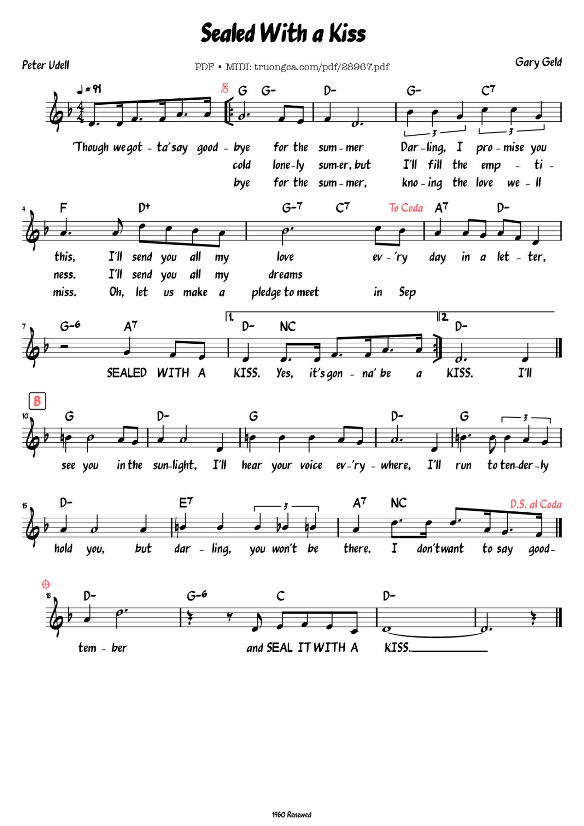 Page 1 of the piano sheet music PDF Piano – Sealed With a Kiss by Gary Geld