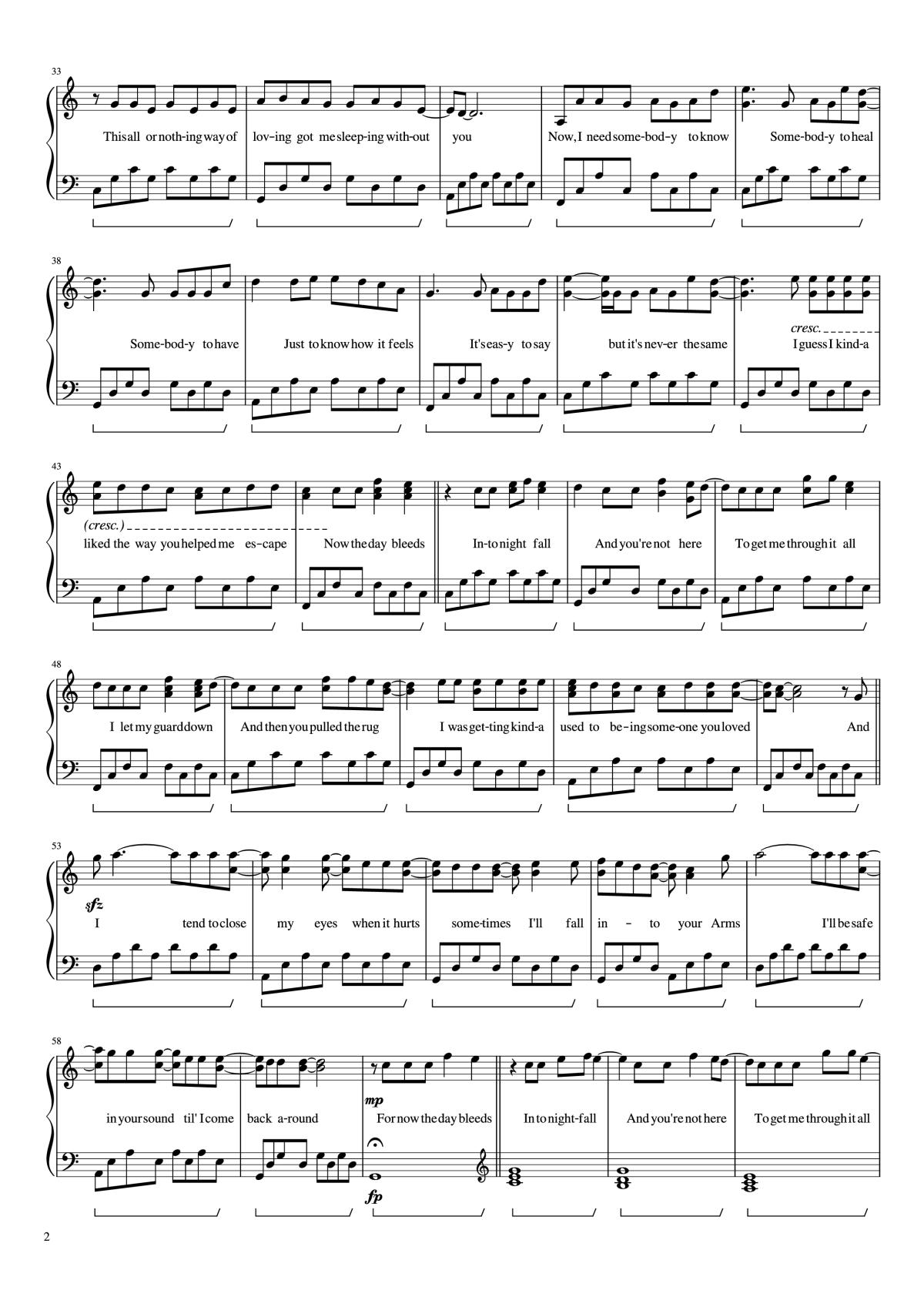 Page 2 of the piano sheet music PDF Piano – Someone You Loved Piano by Undefined
