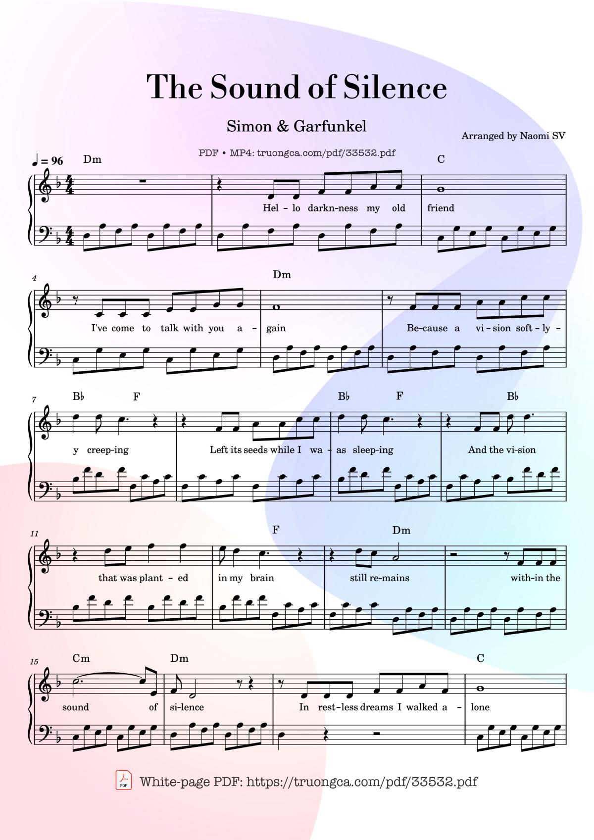 Page 4 of the piano sheet music PDF – The Sound of Silence by Paul Simon